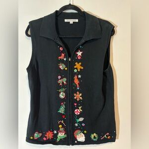 Mercer Street Studio Size Large Women Black Christmas Vest Zips Holiday Casual